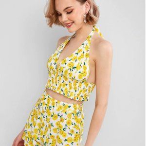 Floral Smocked Halter Two Piece Suit - Yellow (Med